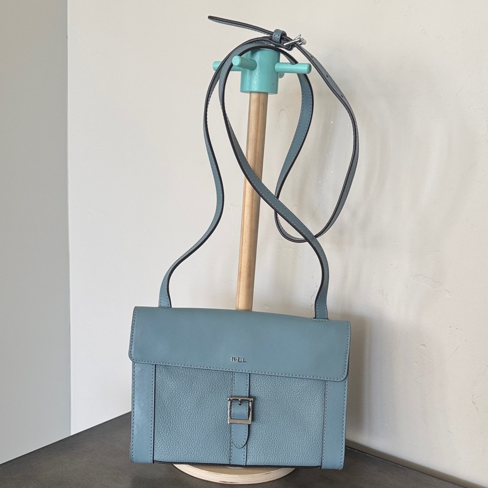 Lauren Ralph Lauren Mullinder Slate Blue Pebble Leather Crossbody Magnetic Flap